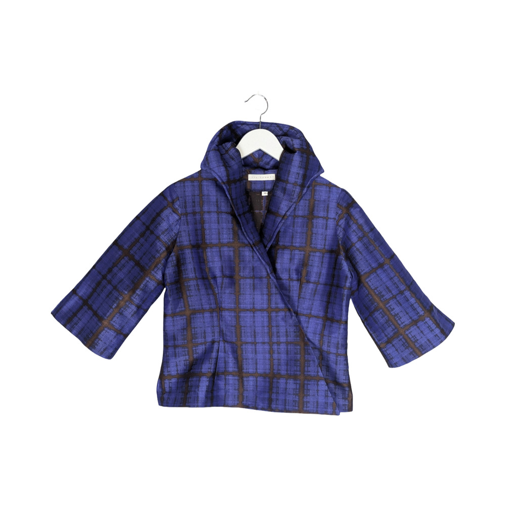 Lorain Croft Silk Wired Collar Abstract Print Jacket Medium Blue Brown - Picture 7 of 9